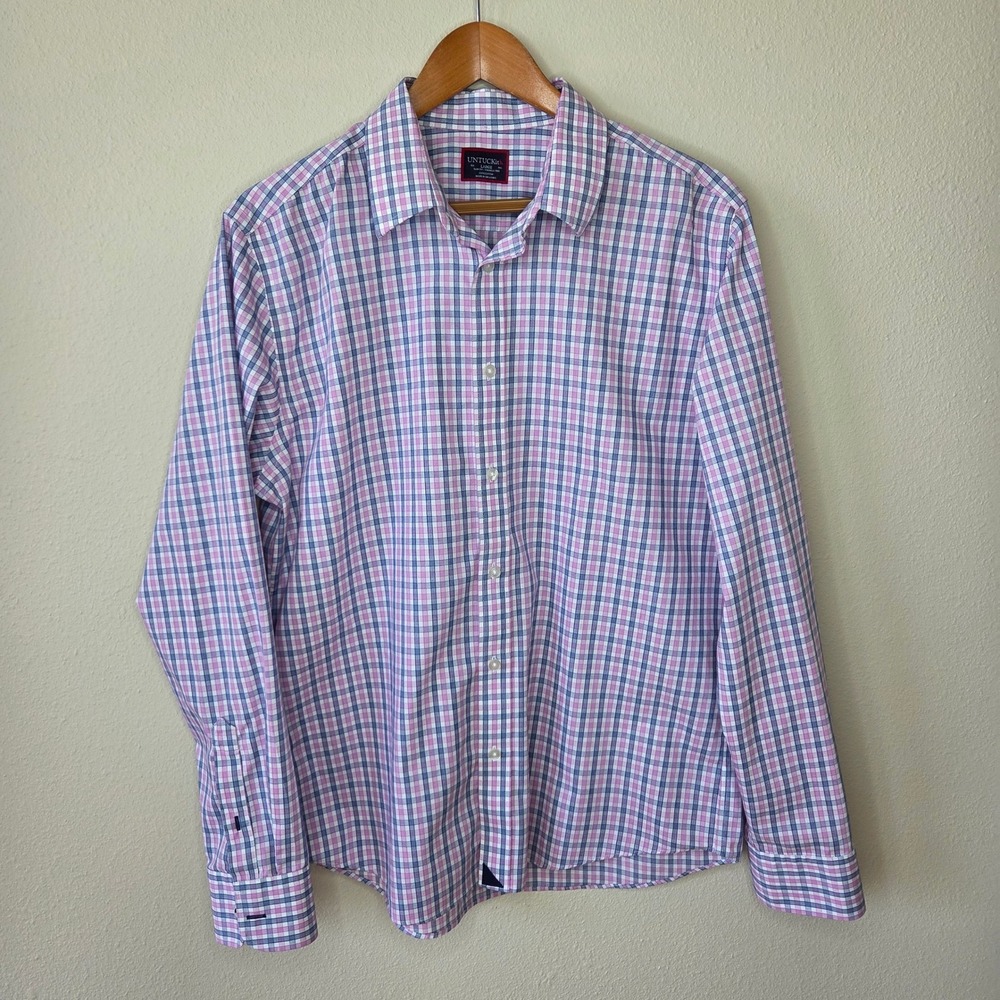 UNTUCKit Slim Fit Wrinkle Free Shirt Mens Large Pink Blue Check Button Down